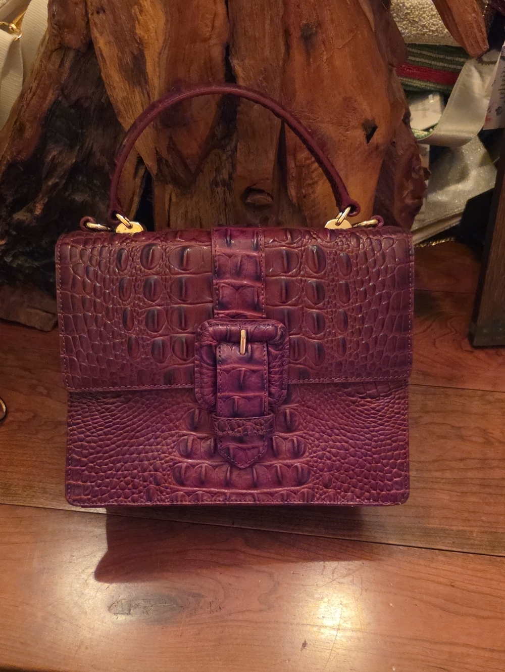 Brahmin Structured Croc-Embossed Top-Handle Bag in Deep Plum